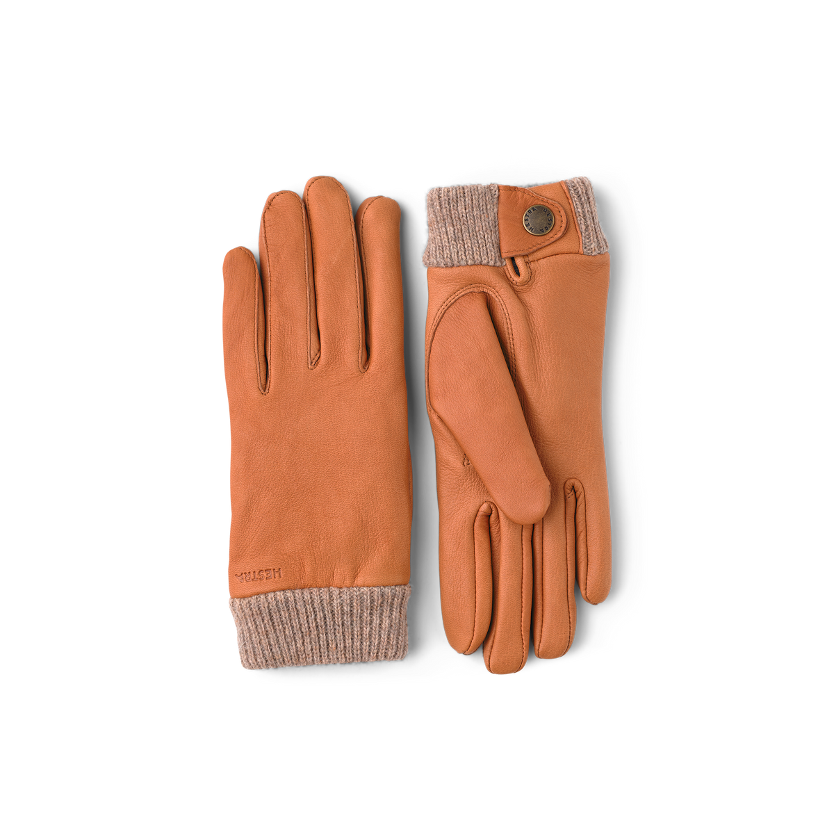 Light brown deerskin glove with knitted cuff