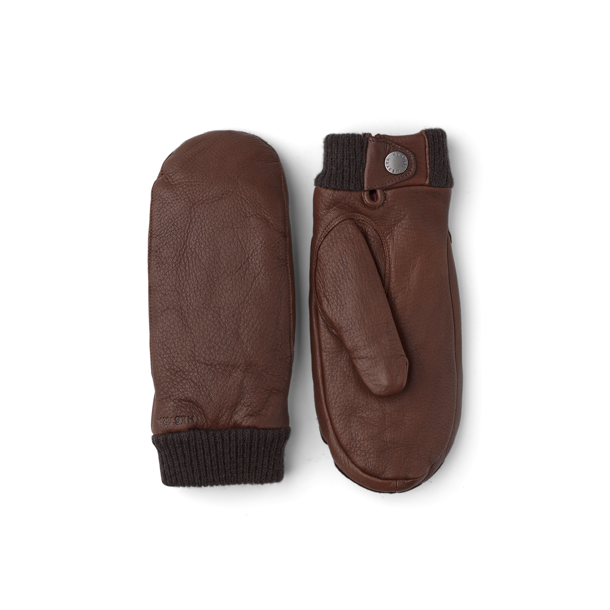 Brown deerskin mitten with knitted cuff