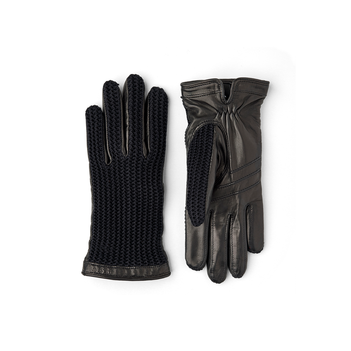 Black machine-sewn leather glove with crocheted cotton back