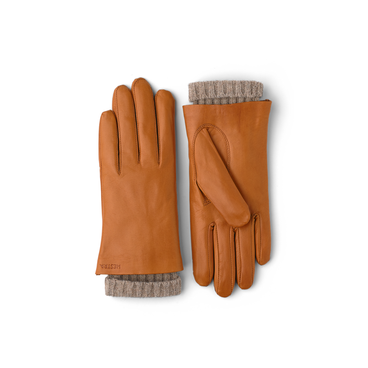 Light brownish-yellow machine-sewn hairsheep leather glove with knitted cuff