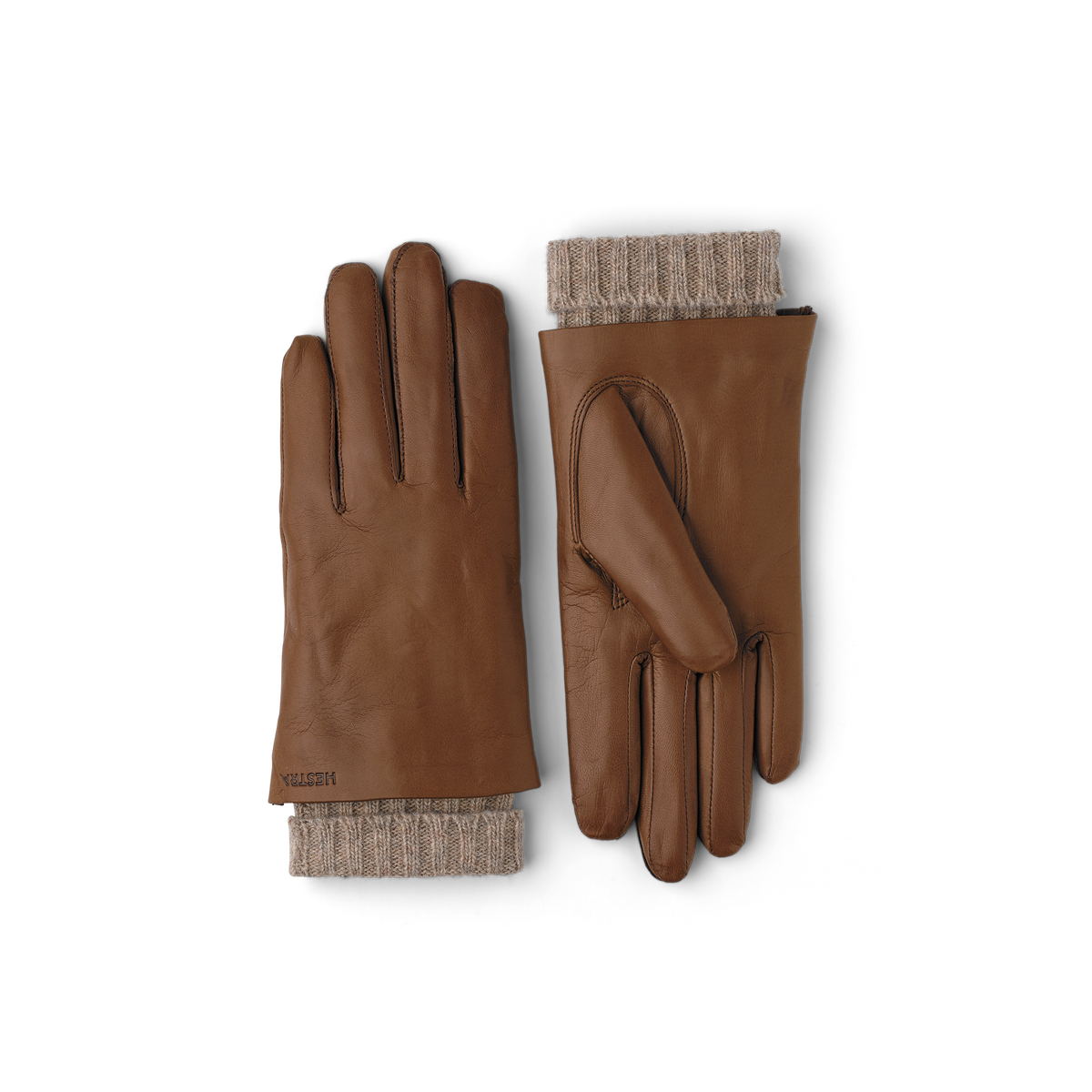 Light brown machine-sewn hairsheep leather glove with knitted cuff