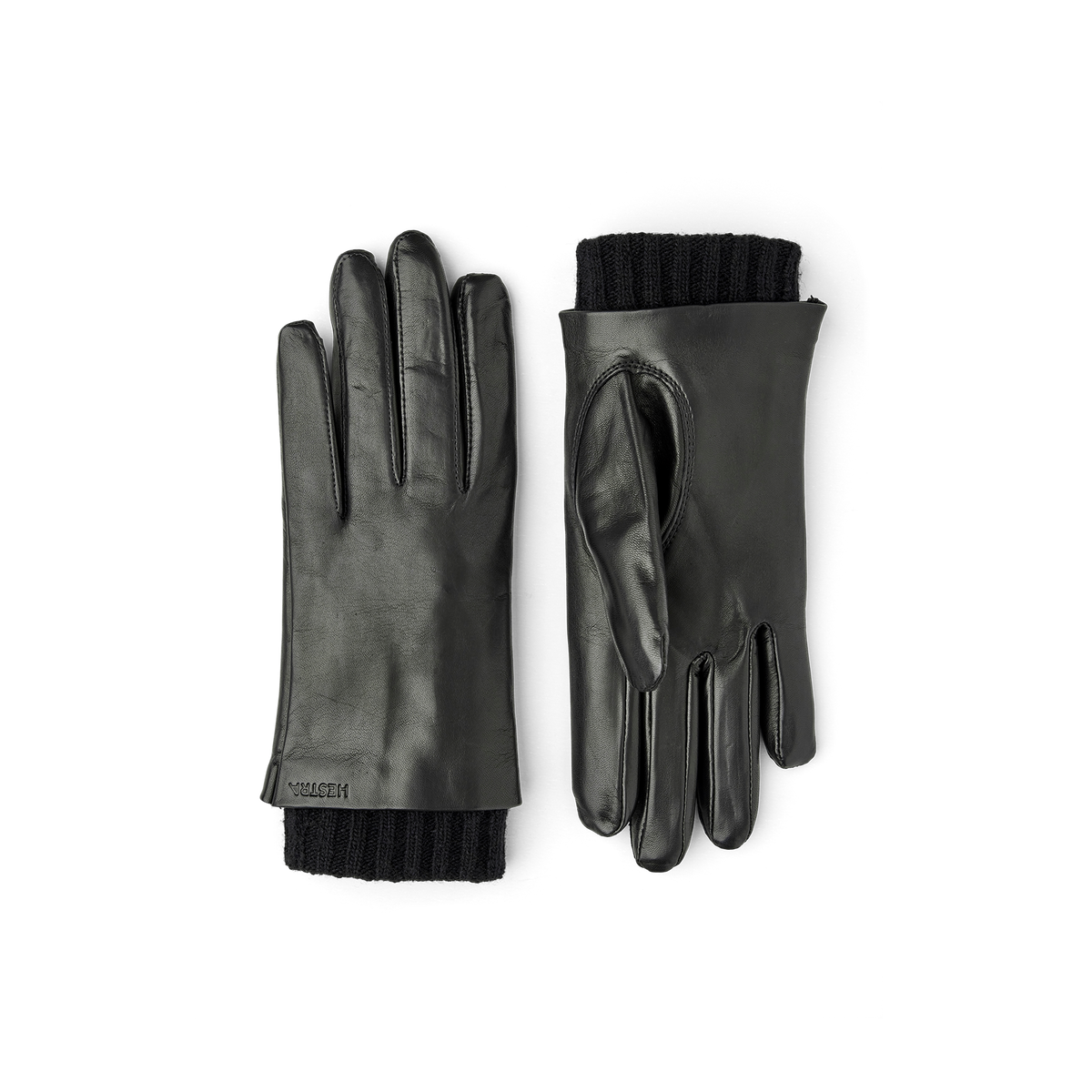 Black machine-sewn hairsheep leather glove with knitted cuff