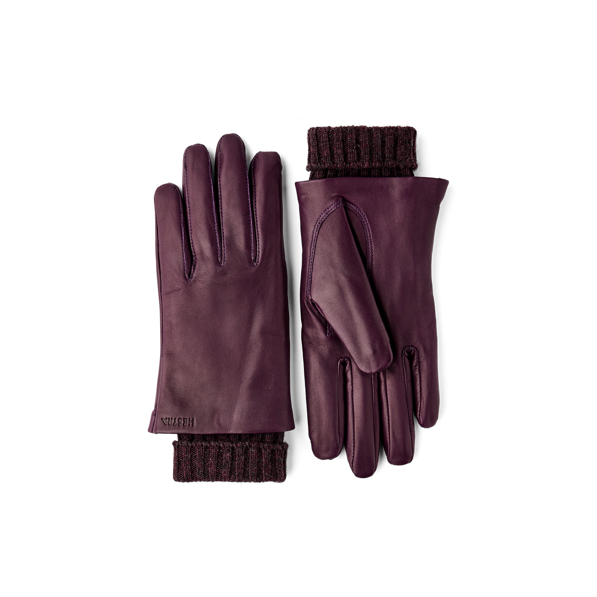 Dark purple machine-sewn hairsheep leather glove with knitted cuff