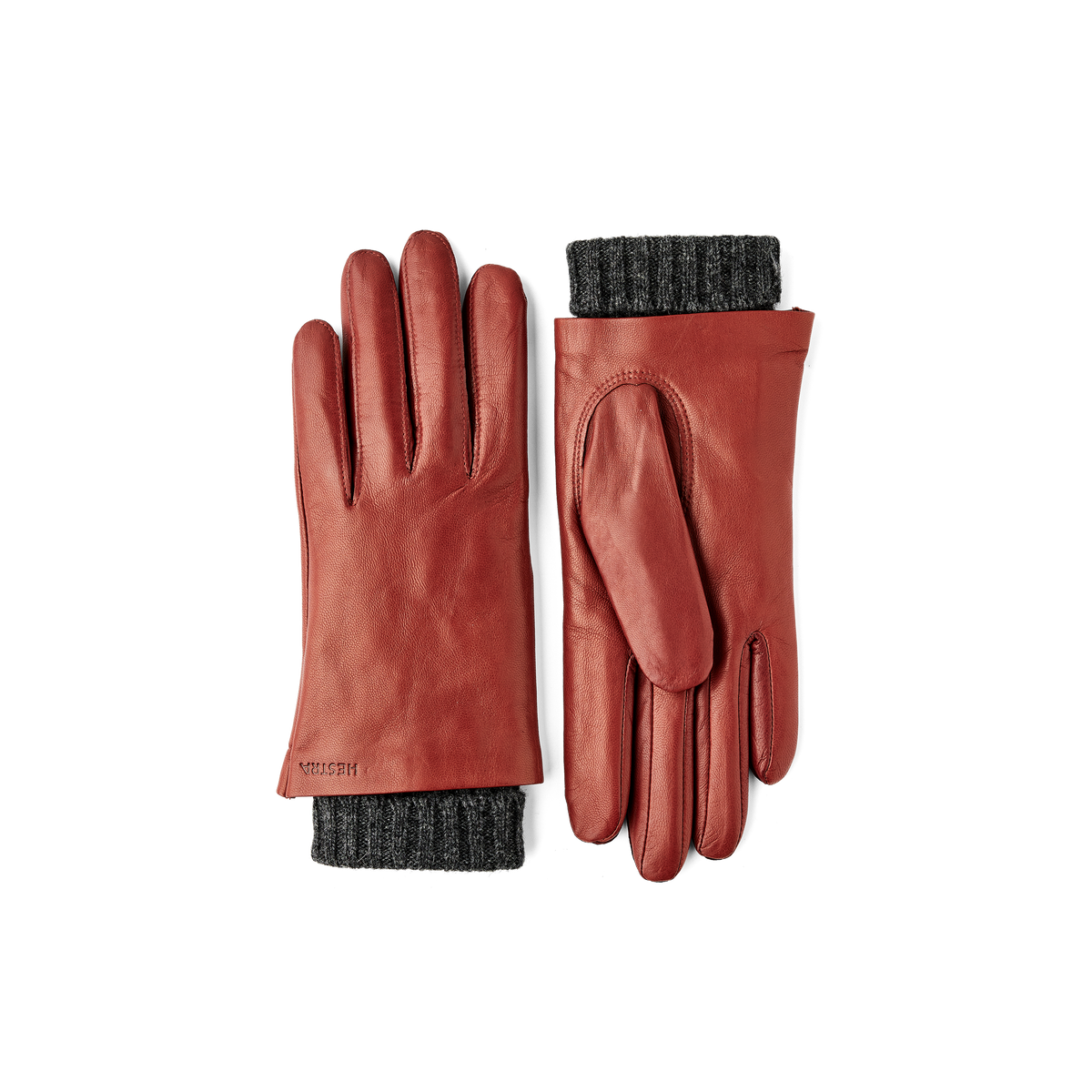 Brown-red machine-sewn hairsheep leather glove with knitted cuff