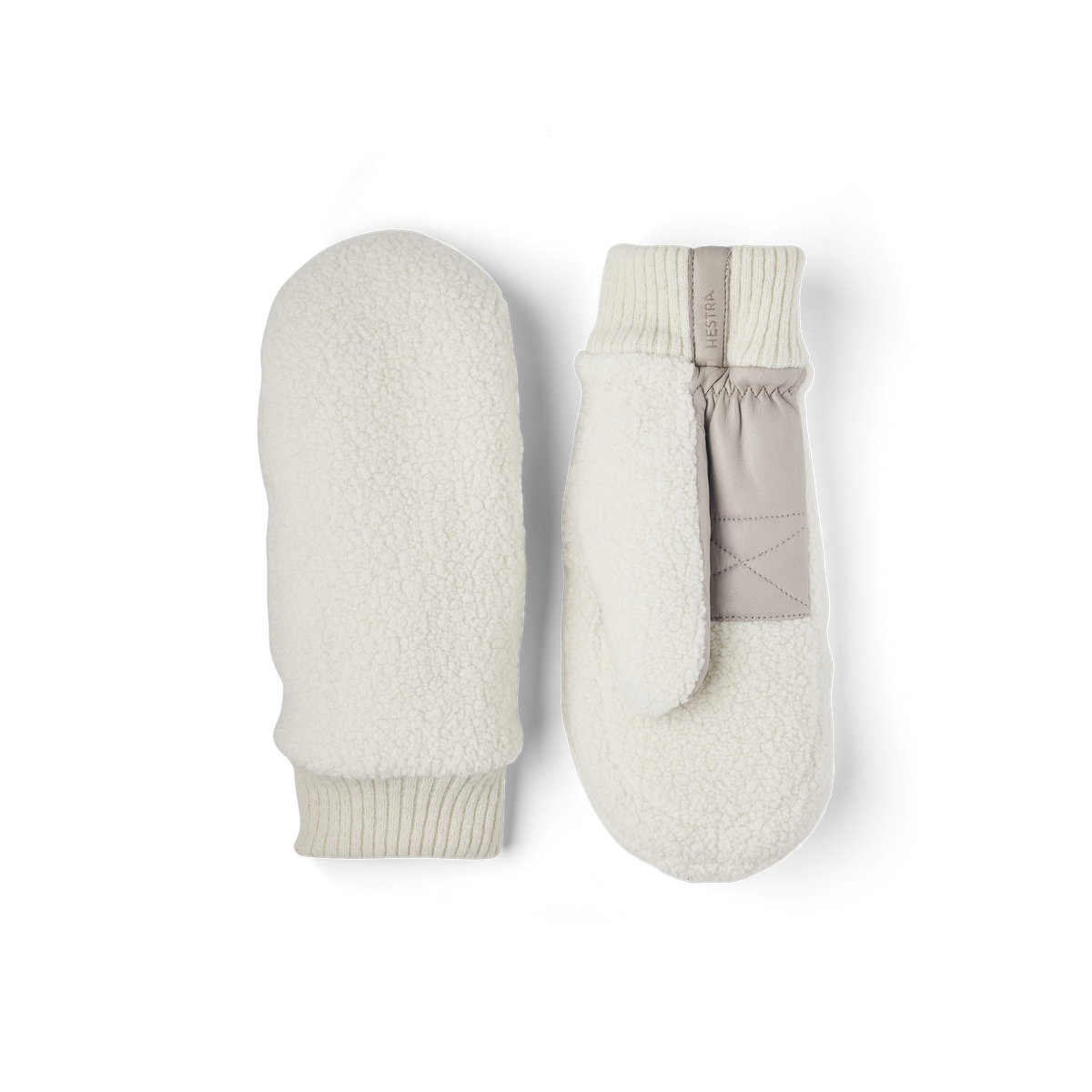 White teddy fleece mitten with light gray hairsheep leather palm