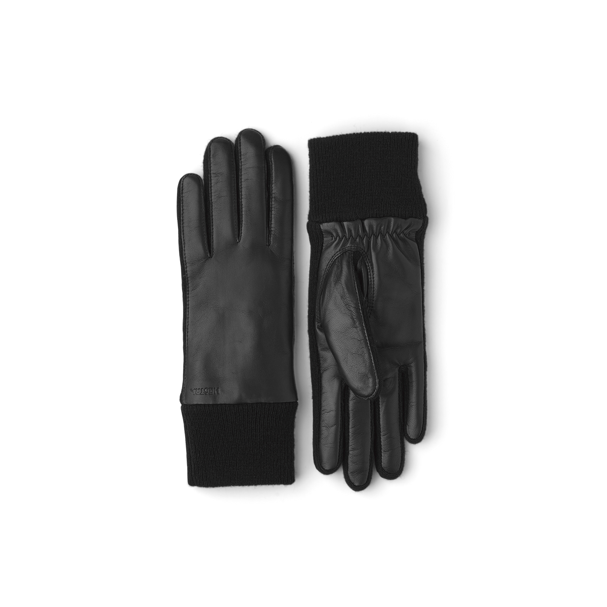 Black machine-sewn hairsheep leather glove with knitted cuff and sides