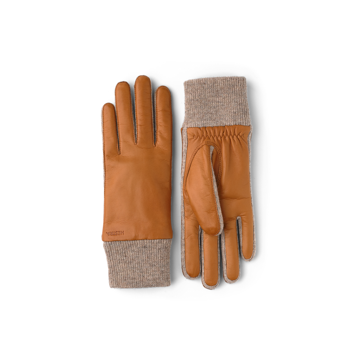 Light brownish-yellow machine-sewn hairsheep leather glove with knitted cuff and sides
