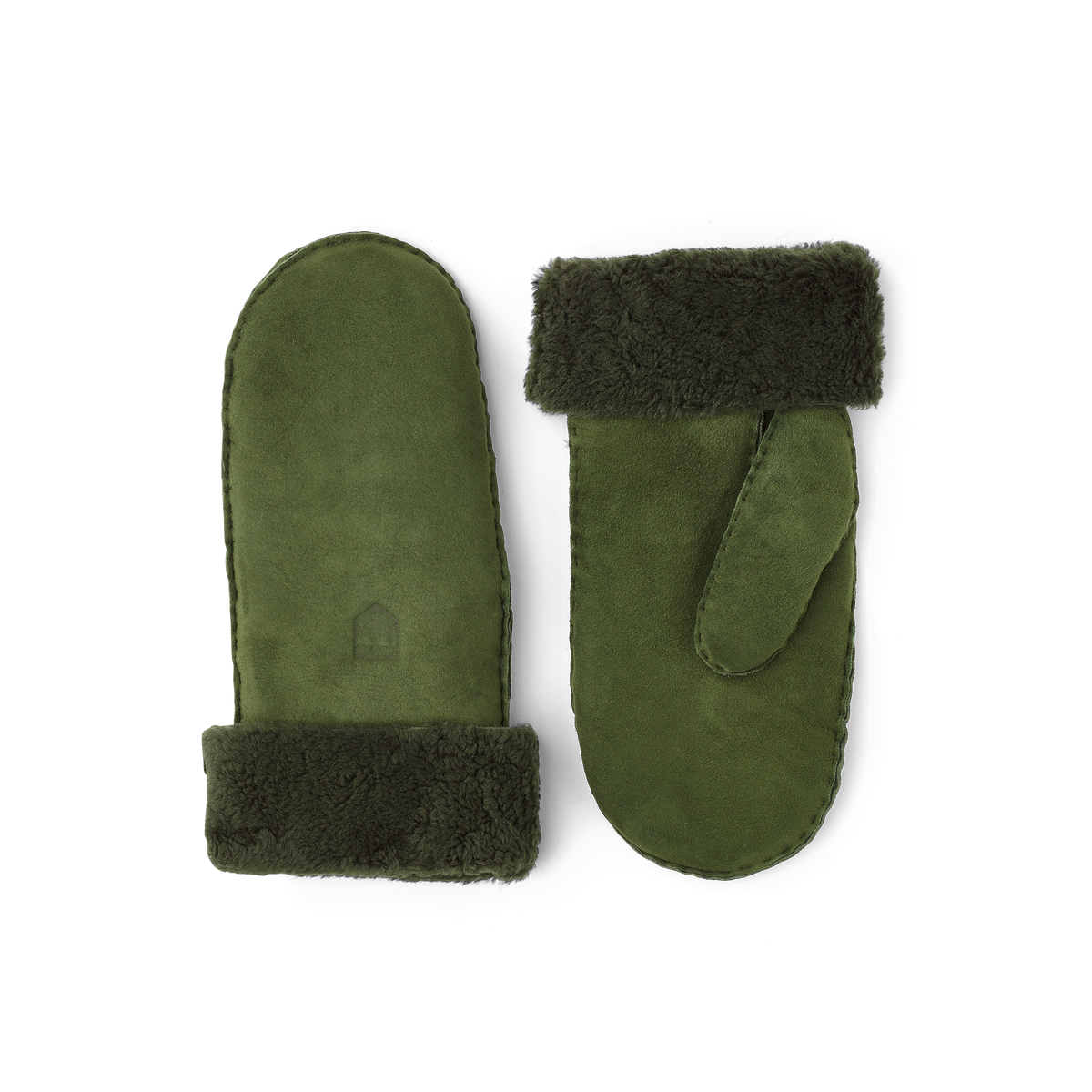 Green fur suede mitten with folded fur trim