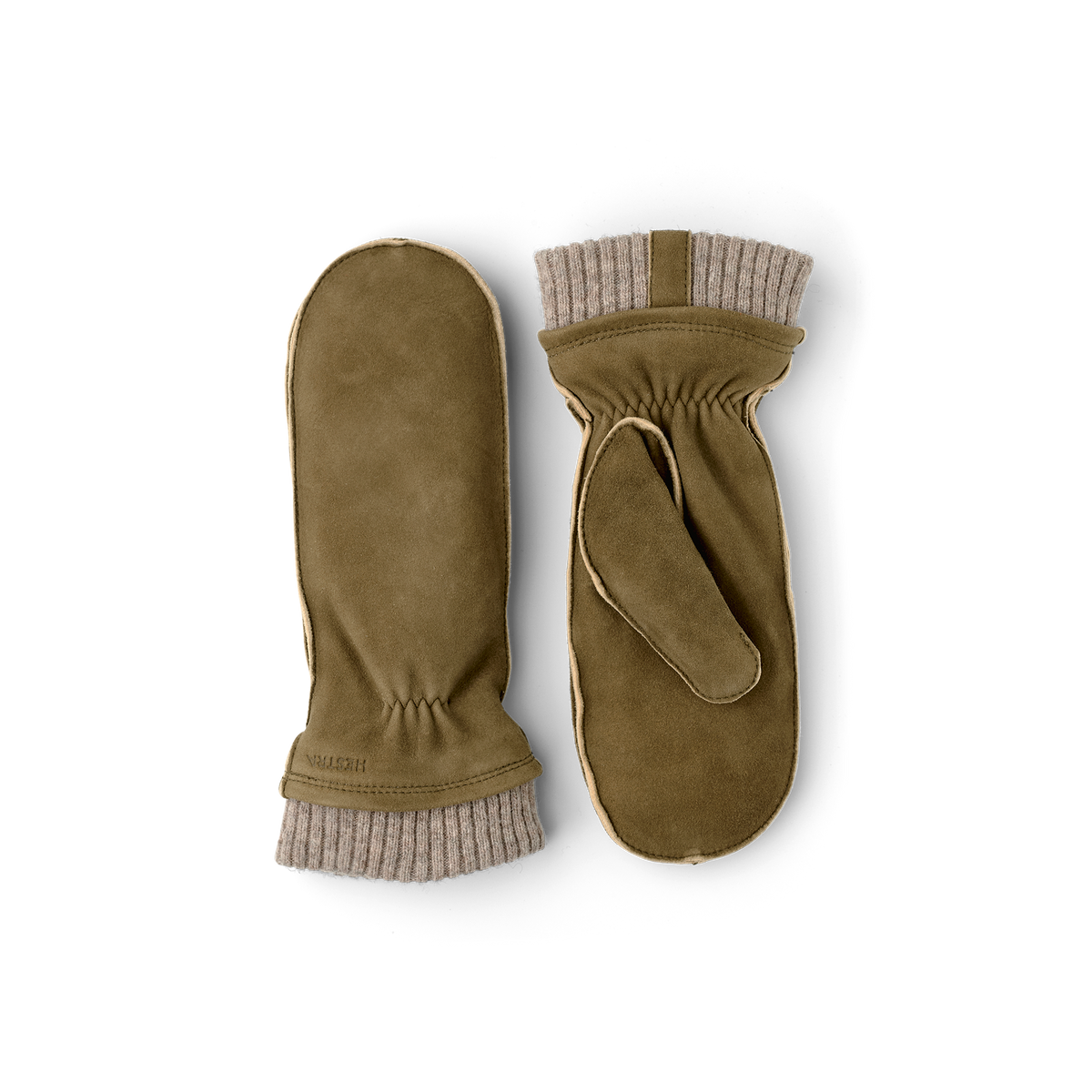 Moss green machine-sewn suede mitten with beige knitted cuff