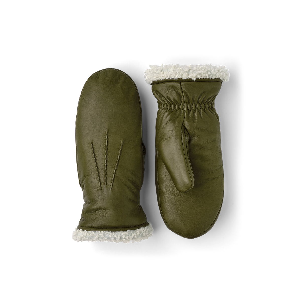 Moss green machine-sewn hairsheep leather mitten with white fur trim