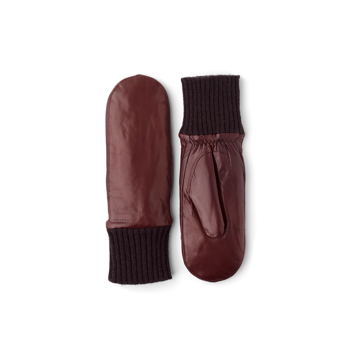 Brown machine-sewn hairsheep leather mitten with knitted cuff