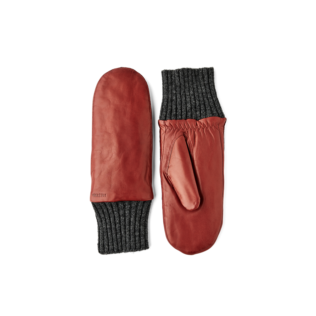 Brown-red machine-sewn hairsheep leather mitten with gray knitted cuff