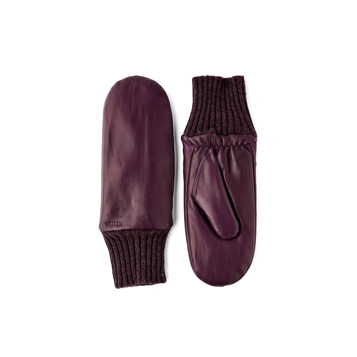 Dark purple machine-sewn hairsheep leather mitten with knitted cuff