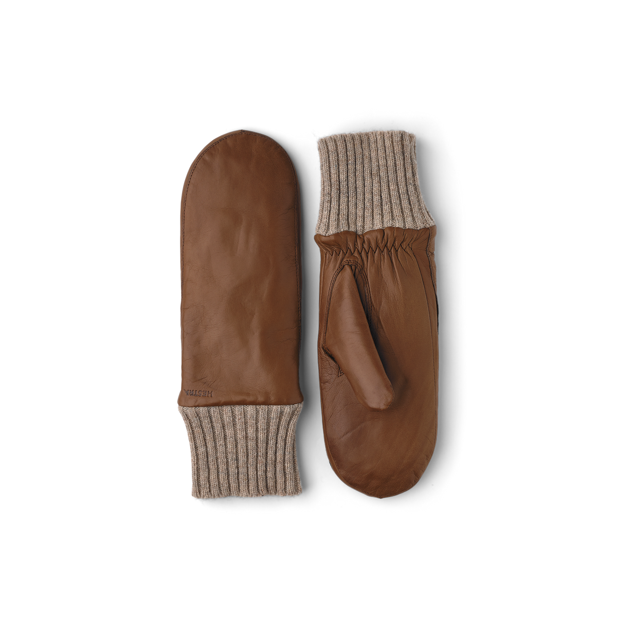 Light brown machine-sewn hairsheep leather mitten with beige knitted cuff