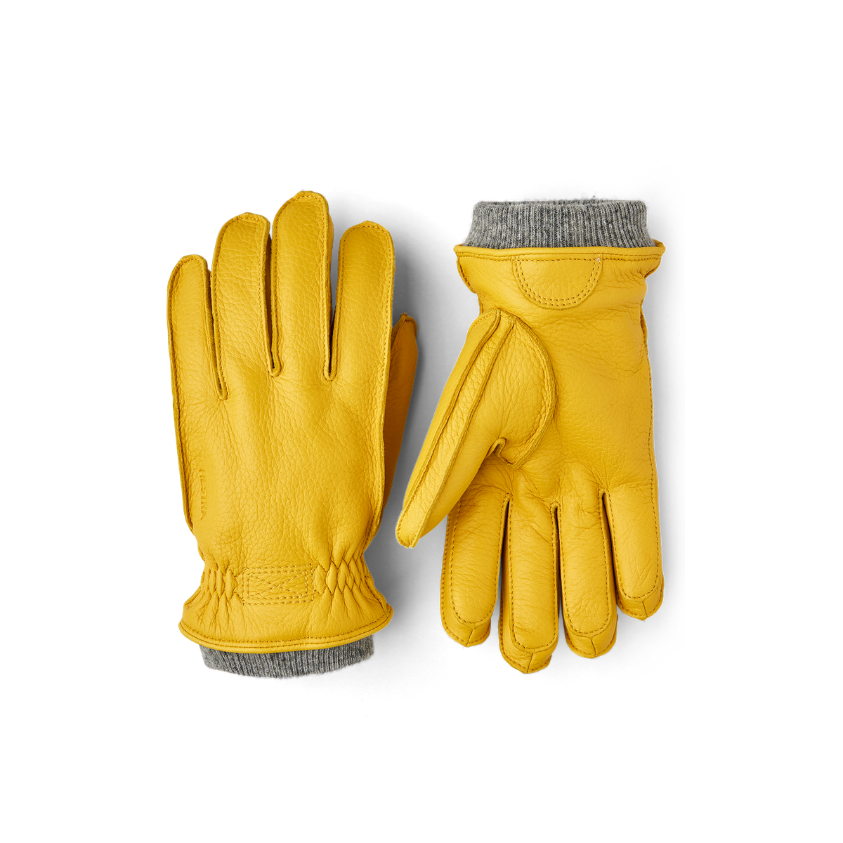 Yellow machine-sewn deerskin glove with gray knitted cuff