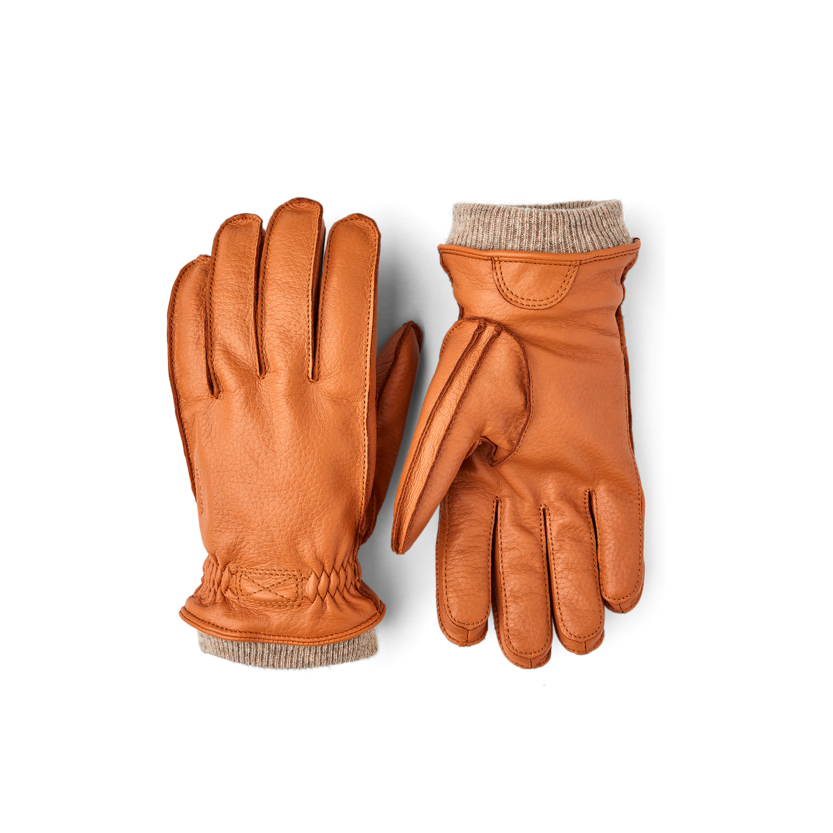 Light brown machine-sewn deerskin glove with beige knitted cuff