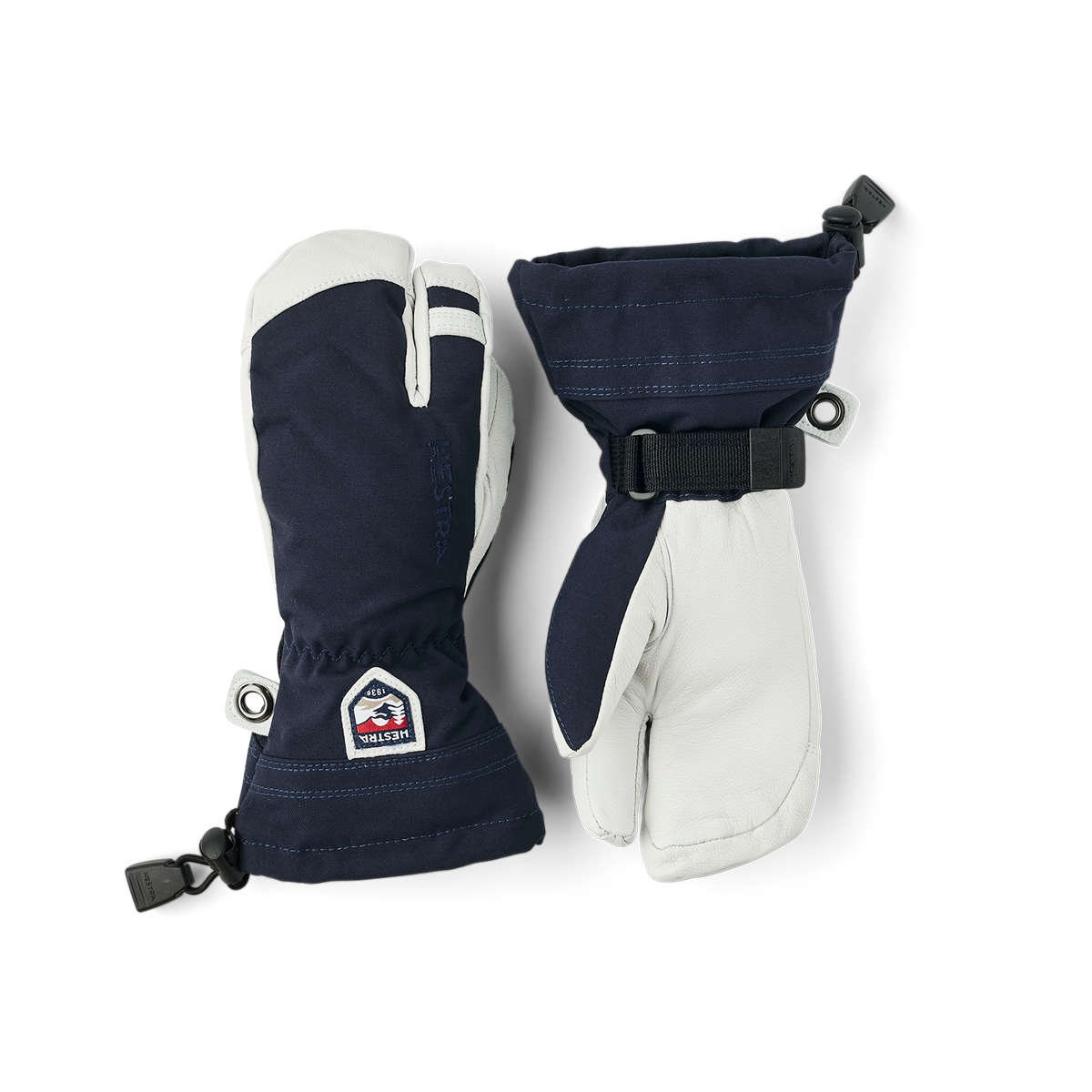 Dark blue three finger glove with white goat leather palm