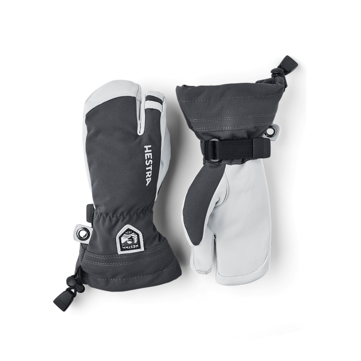 Gray three finger glove with white goat leather palm