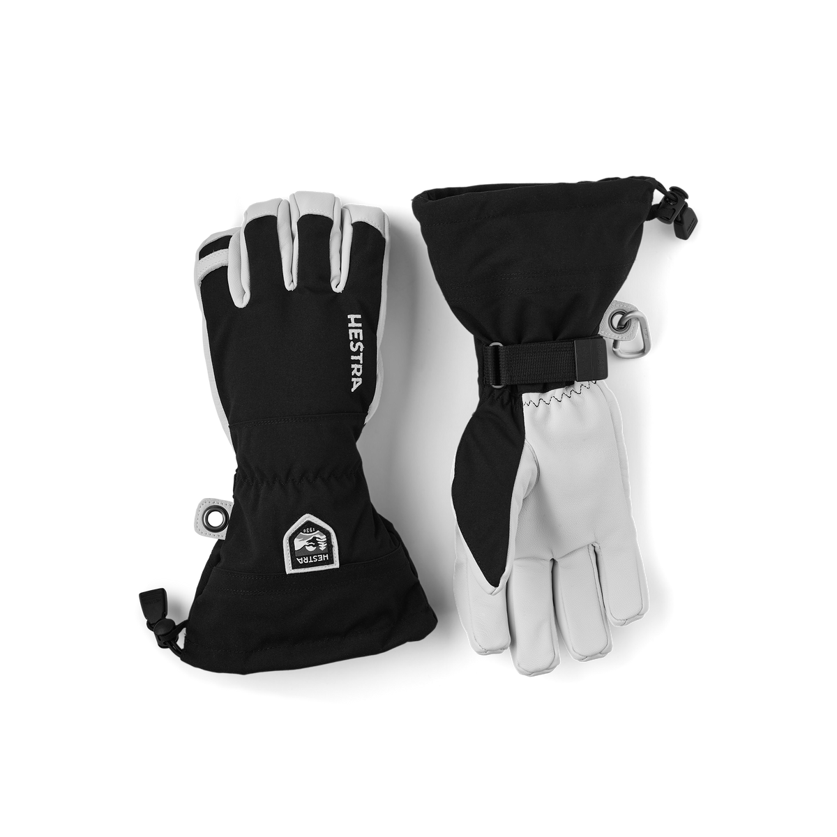 Black ski glove with white goat leather palm