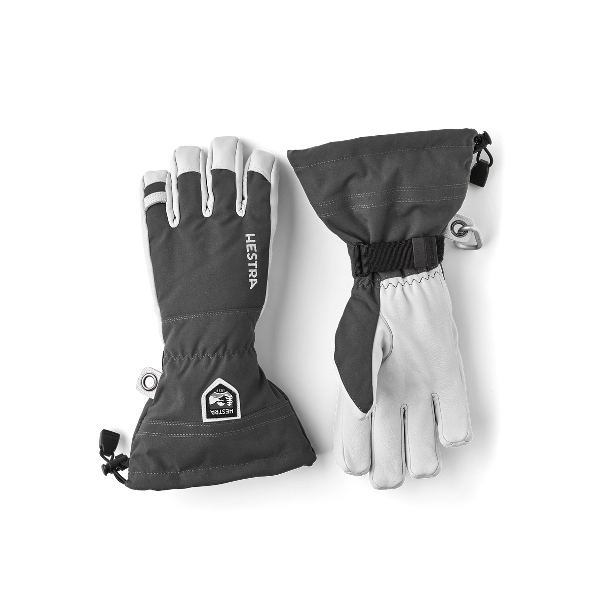 Gray ski glove with white goat leather palm