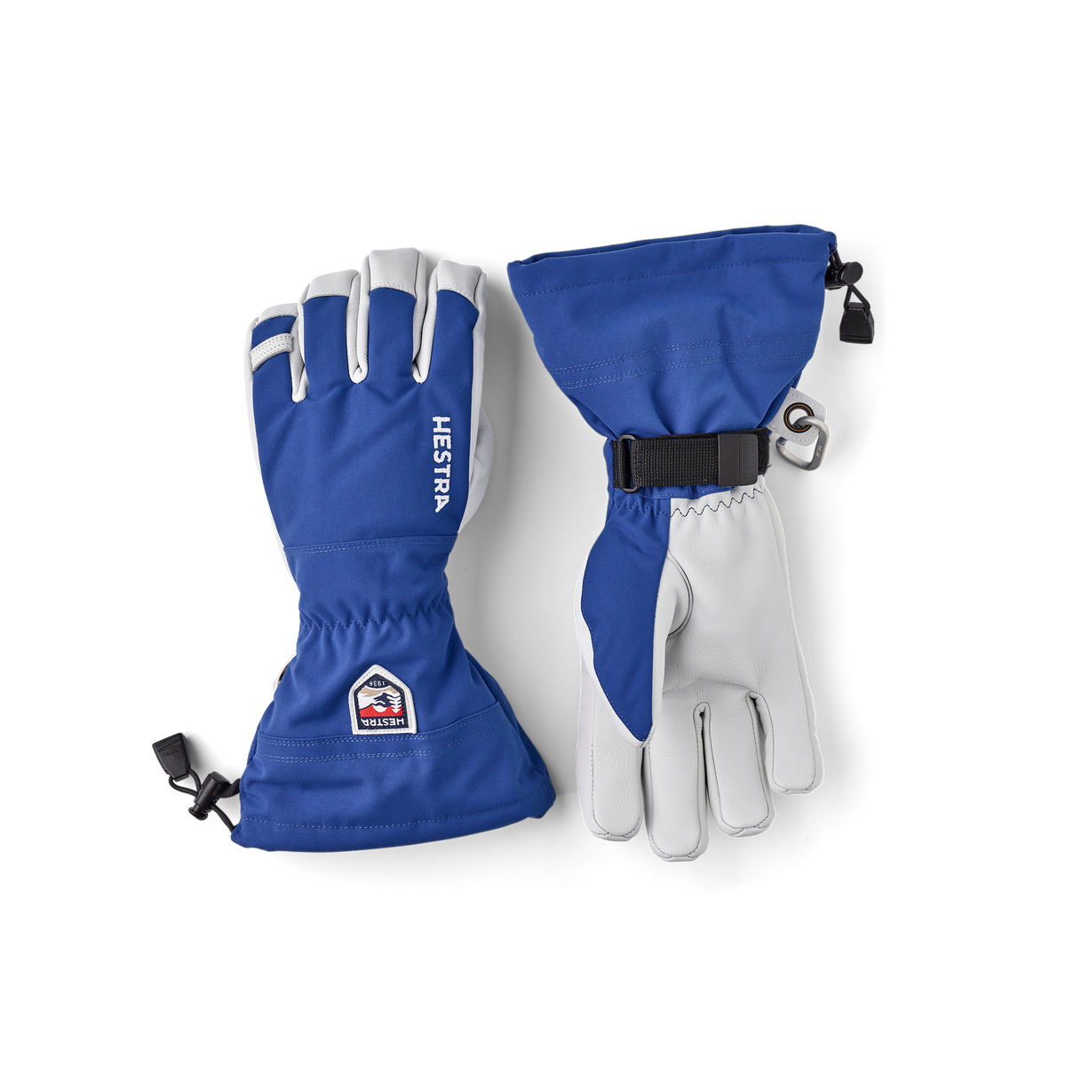 Blue ski glove with white goat leather palm