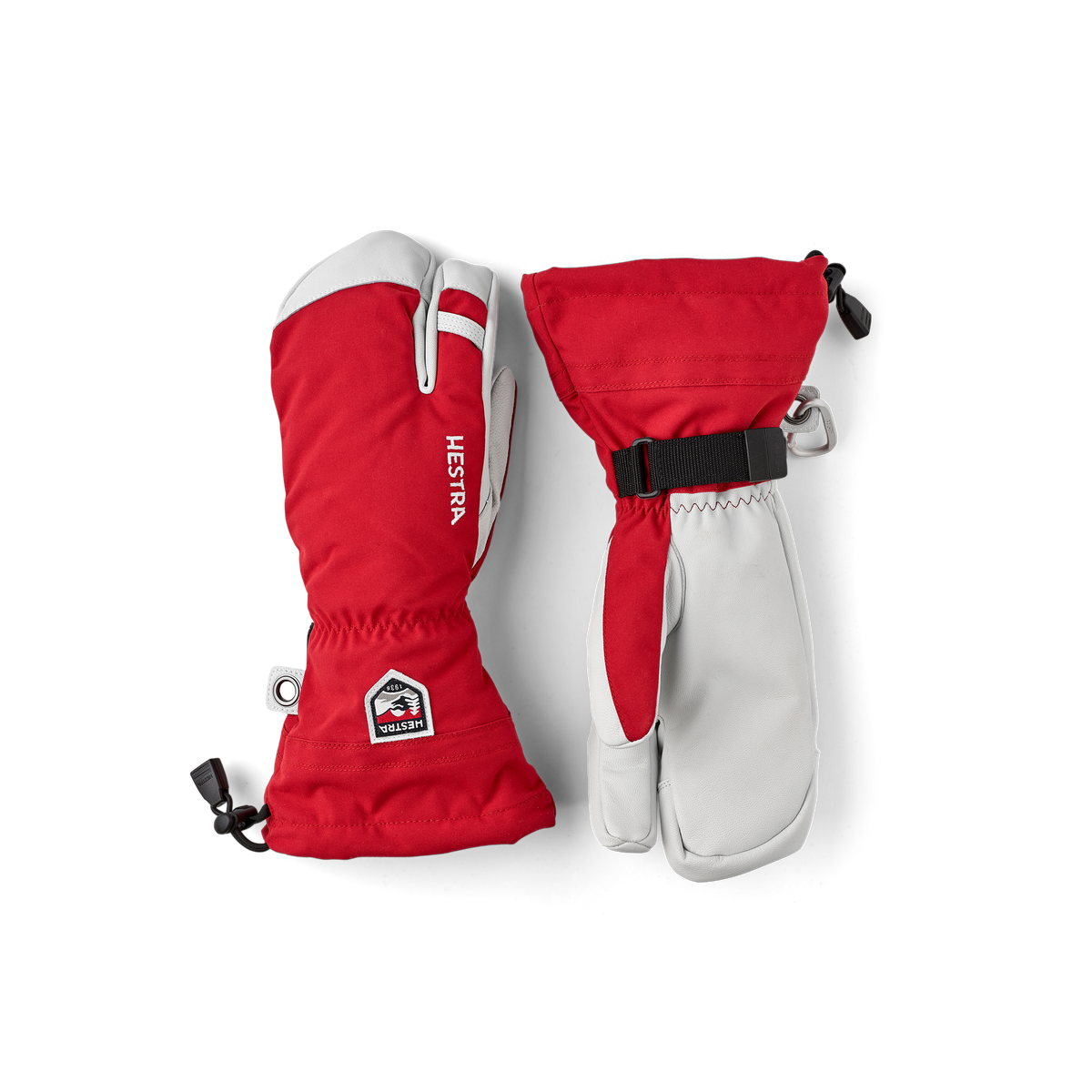 Red three finger glove with white goat leather palm