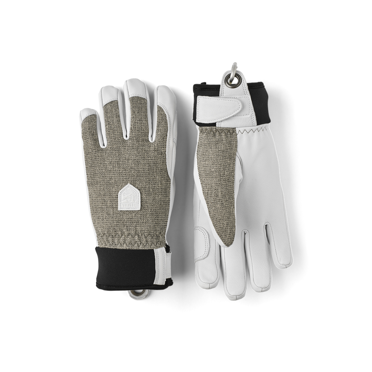 Light gray ski glove with white goat leather palm