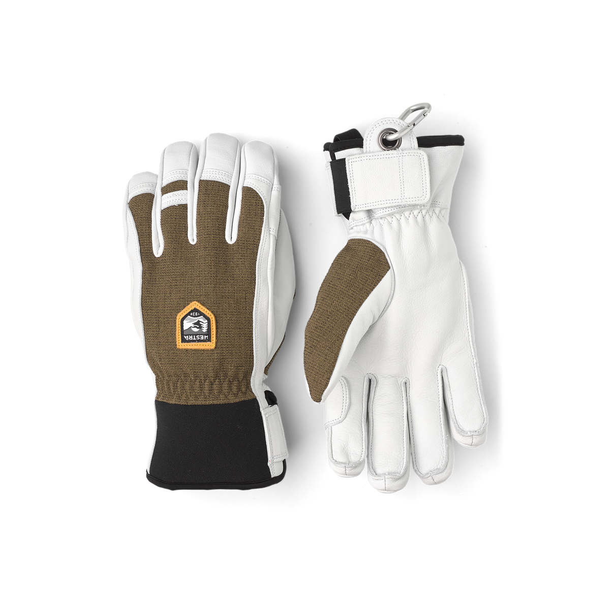 Moss green ski glove with white goat leather palm