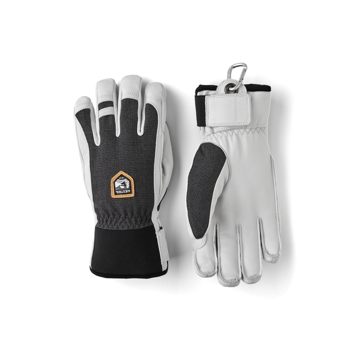 Dark gray ski glove with white goat leather palm