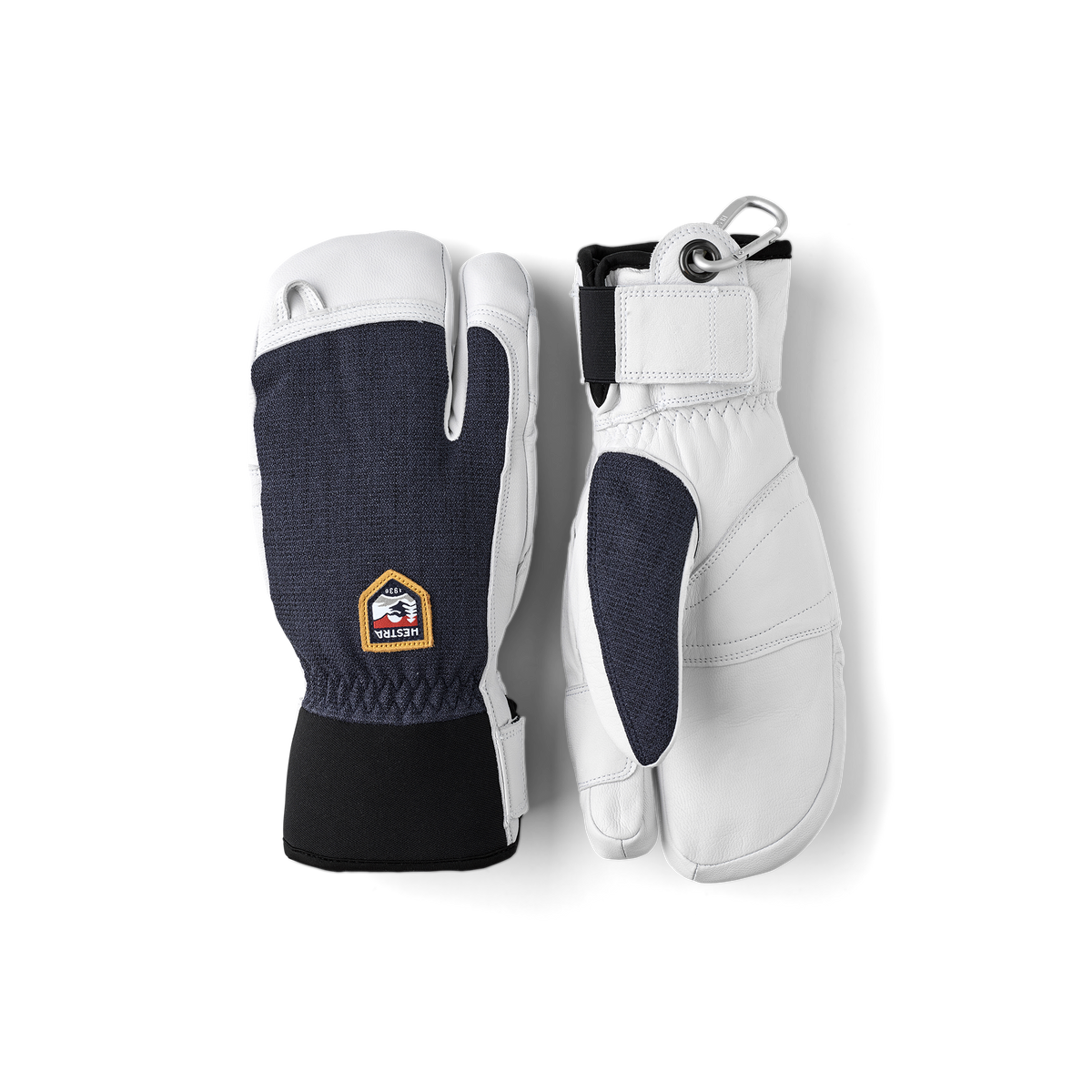 Dark blue three finger glove with white goat leather palm