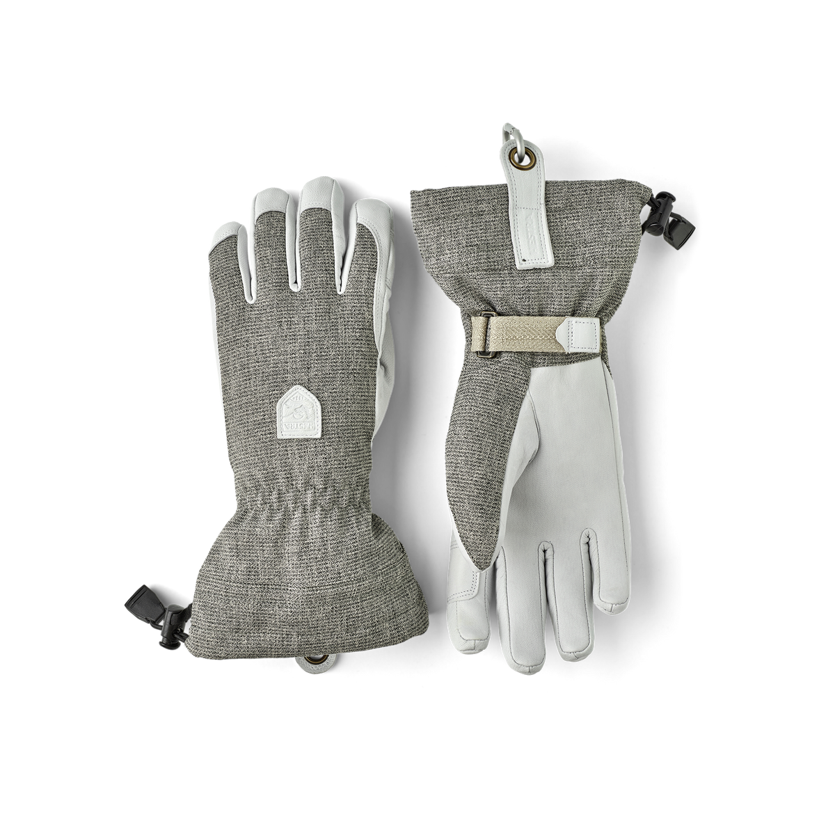 Light gray ski glove with white goat leather palm