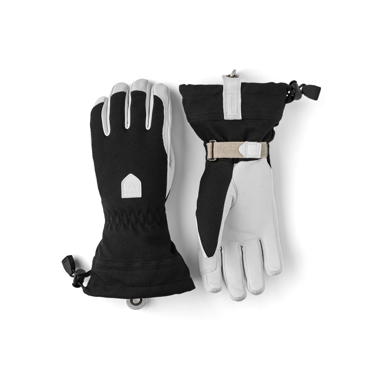 Black ski glove with white goat leather palm