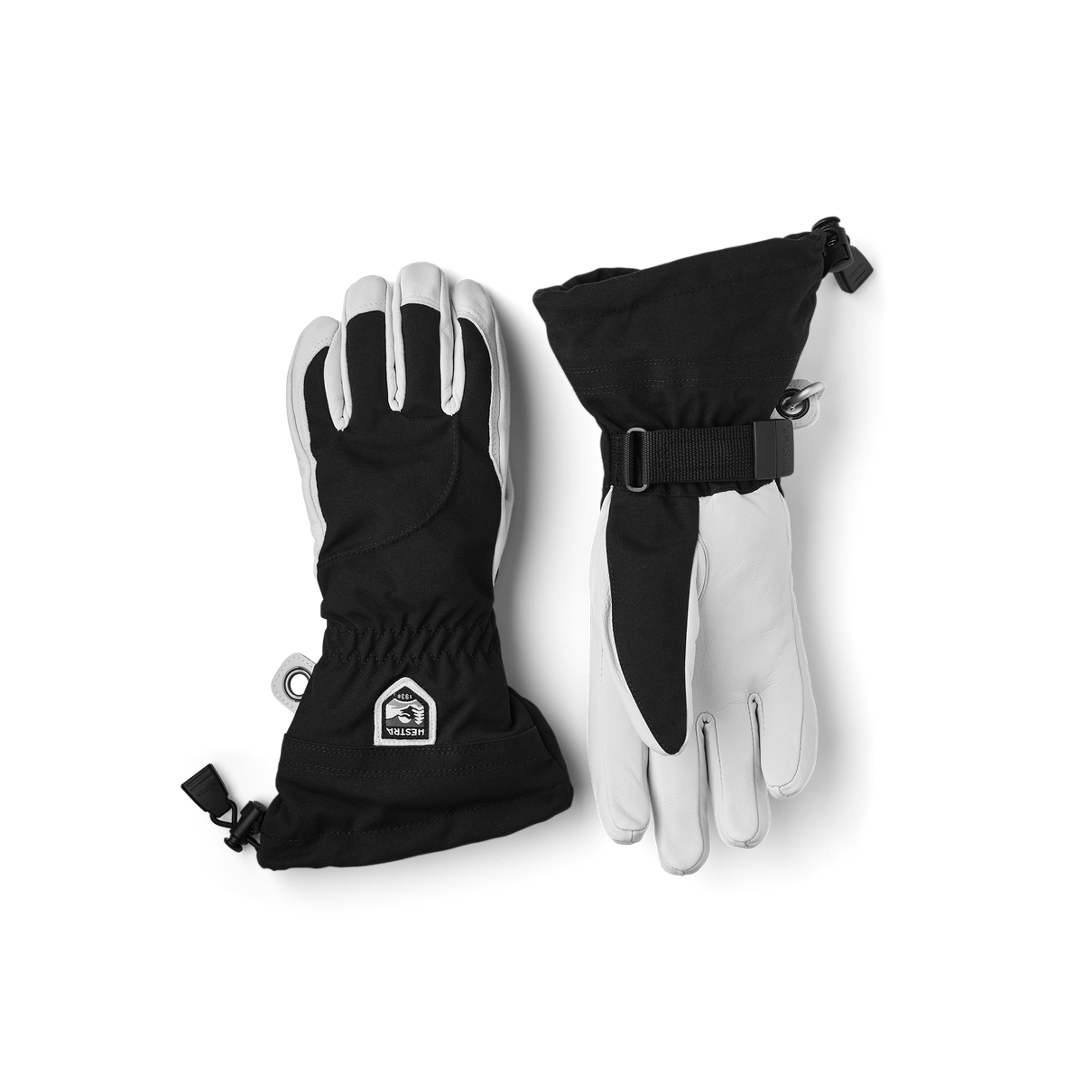 Black ski glove with white goat leather palm