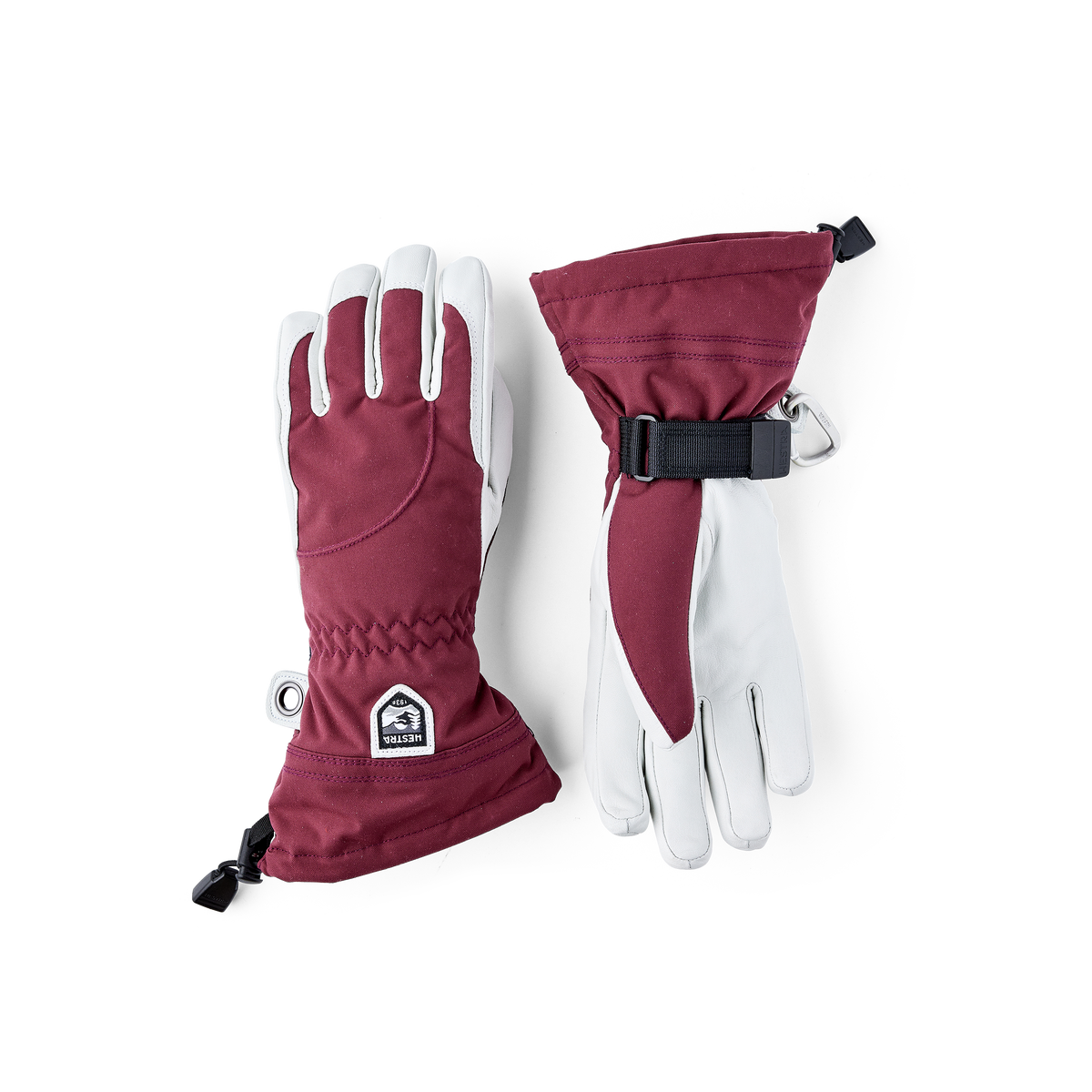 Wine red ski glove with white goat leather palm