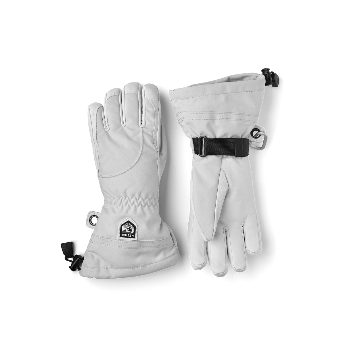 Light gray ski glove with white goat leather palm