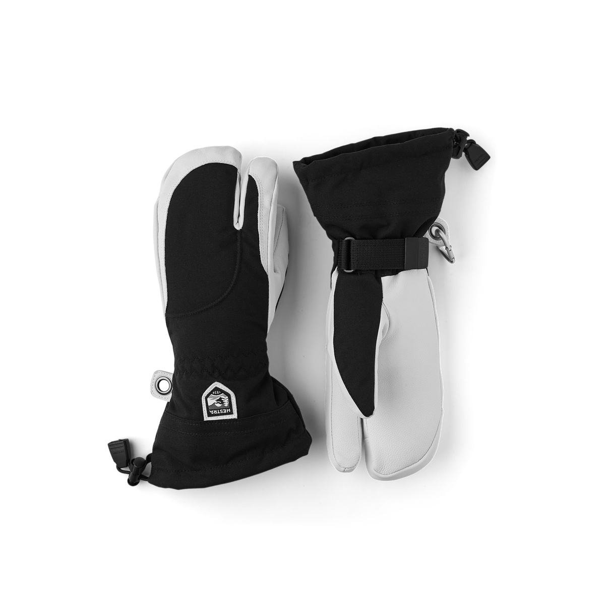 Black three finger glove with white goat leather palm