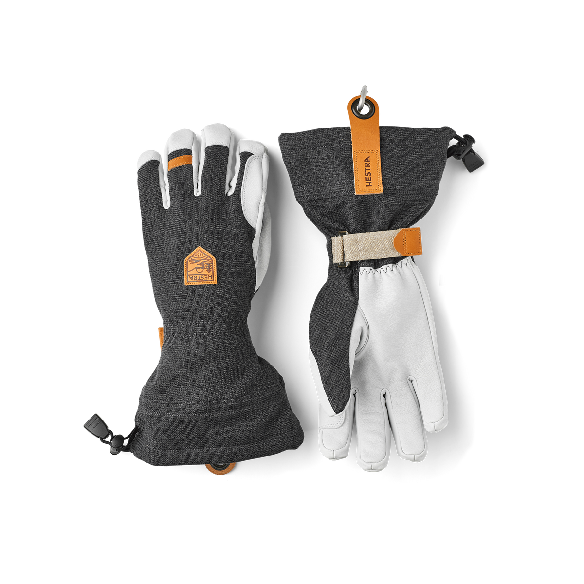 Dark gray ski glove with white goat leather palm