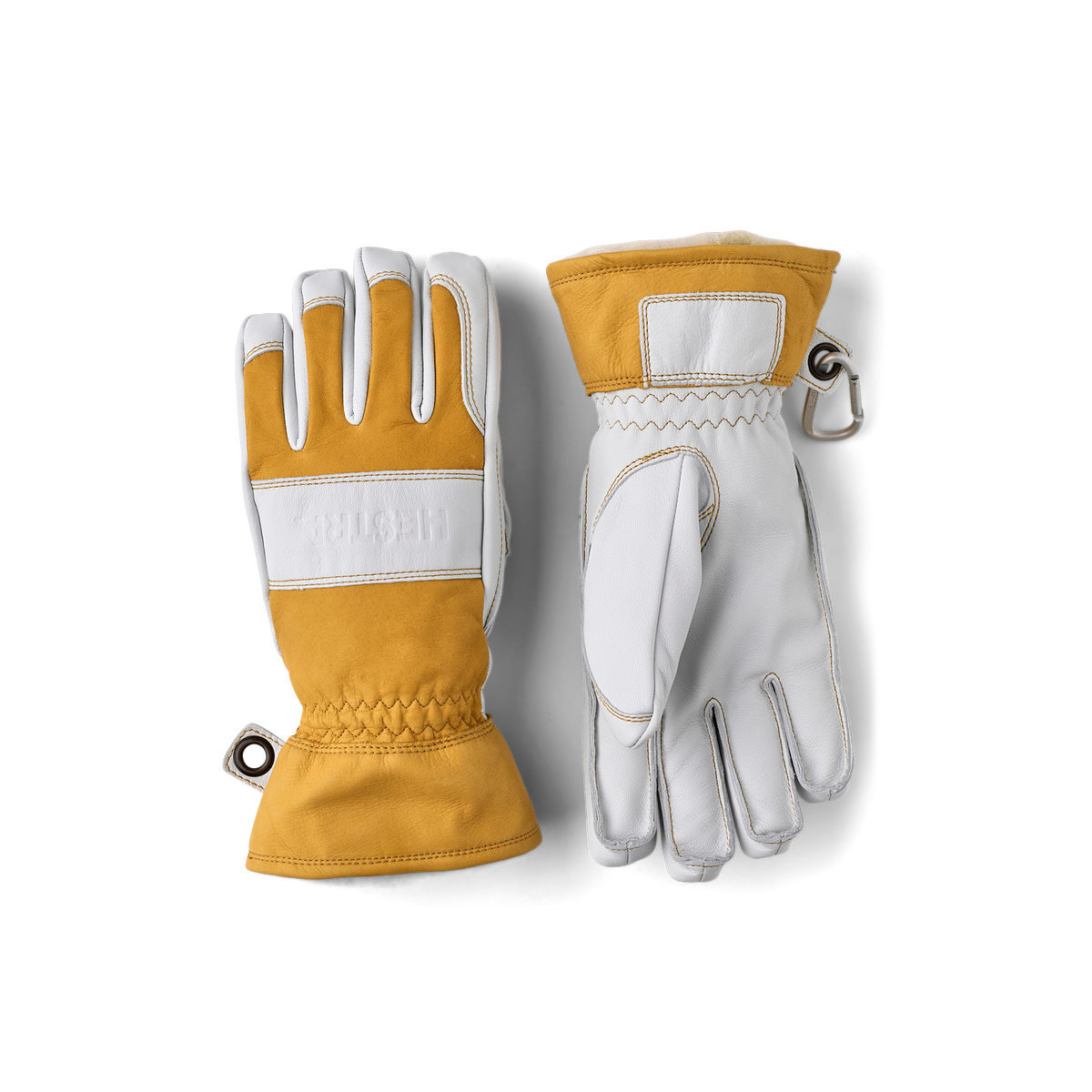 Yellow cow hide outdoor glove with white goat leather palm