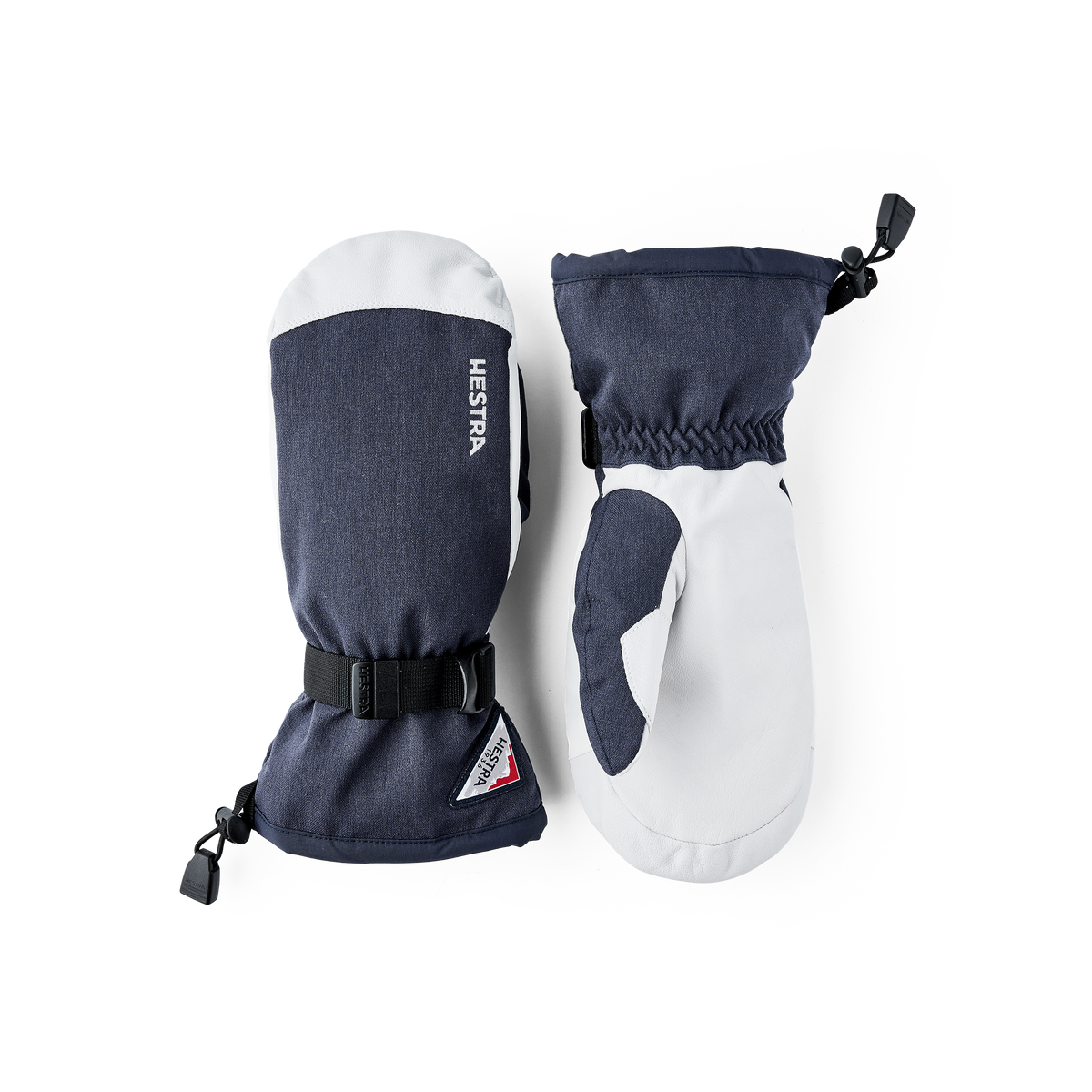 Dark blue mitten with white goat leather palm and wrist adjustment