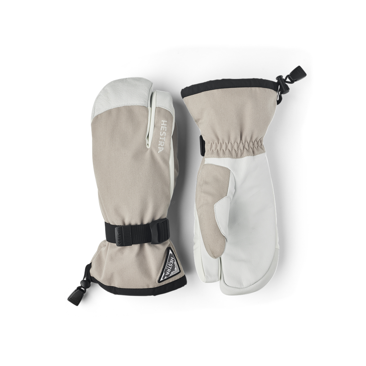 Beige three finger glove with white goat leather palm and wrist adjustment