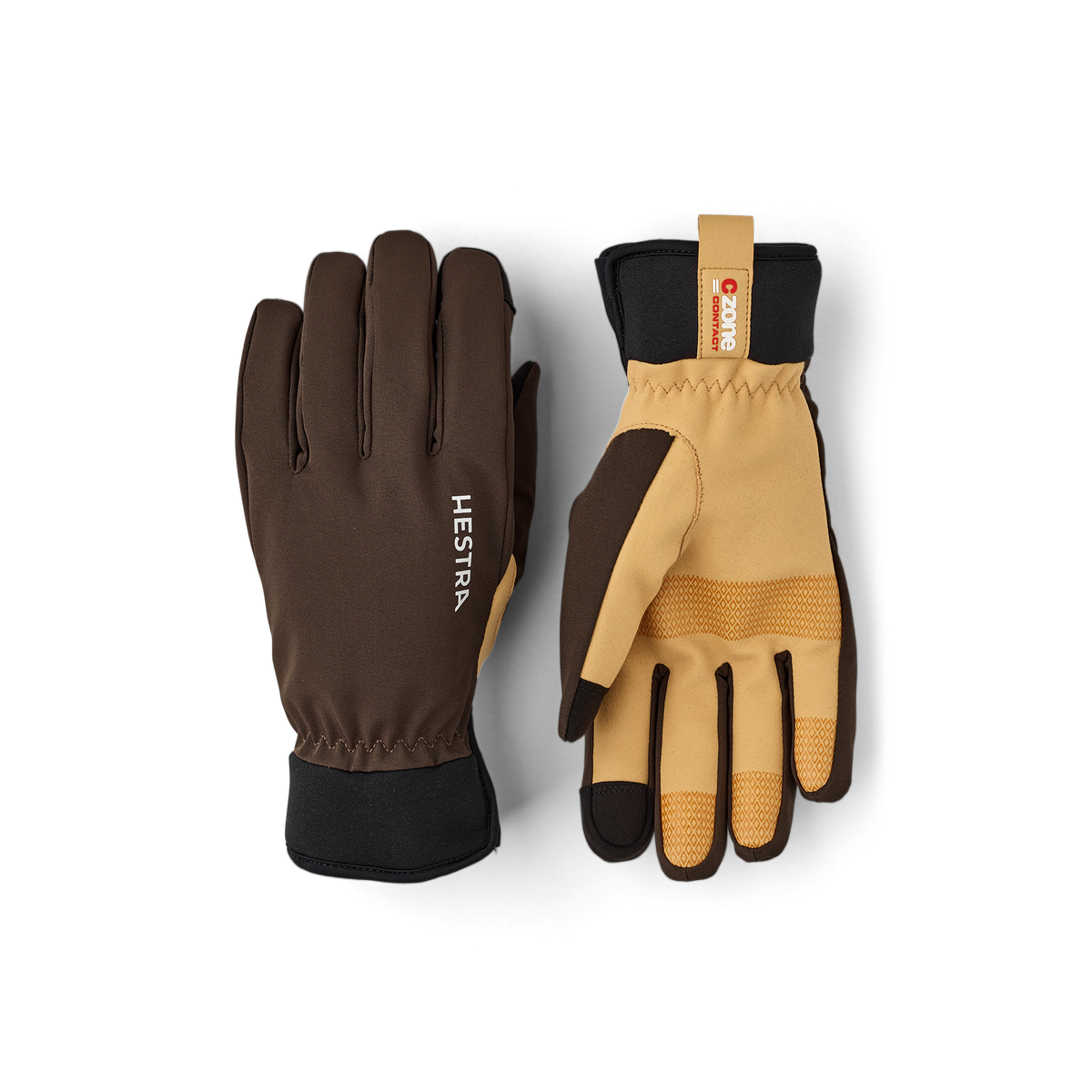 Dark green fabric outdoor glove with light brown synthetic suede palm