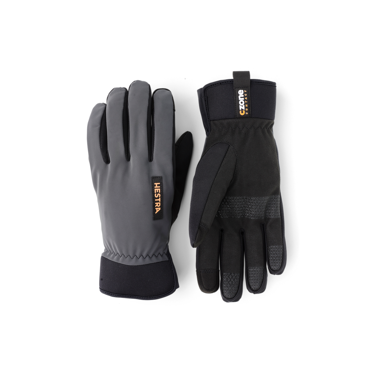 Dark gray fabric outdoor glove with black synthetic suede palm
