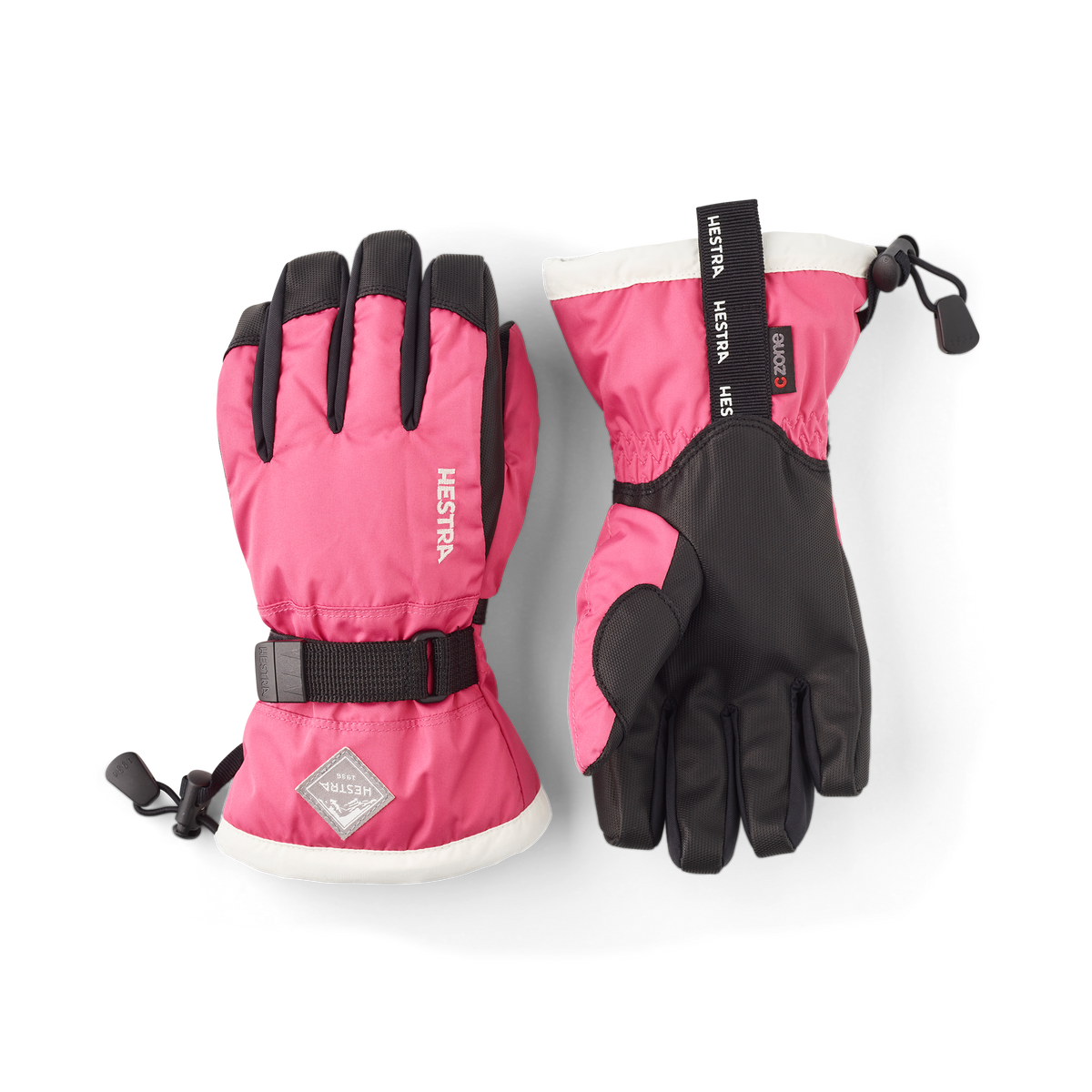 Orange and pink children’s glove with black synthetic palm and wrist adjustment