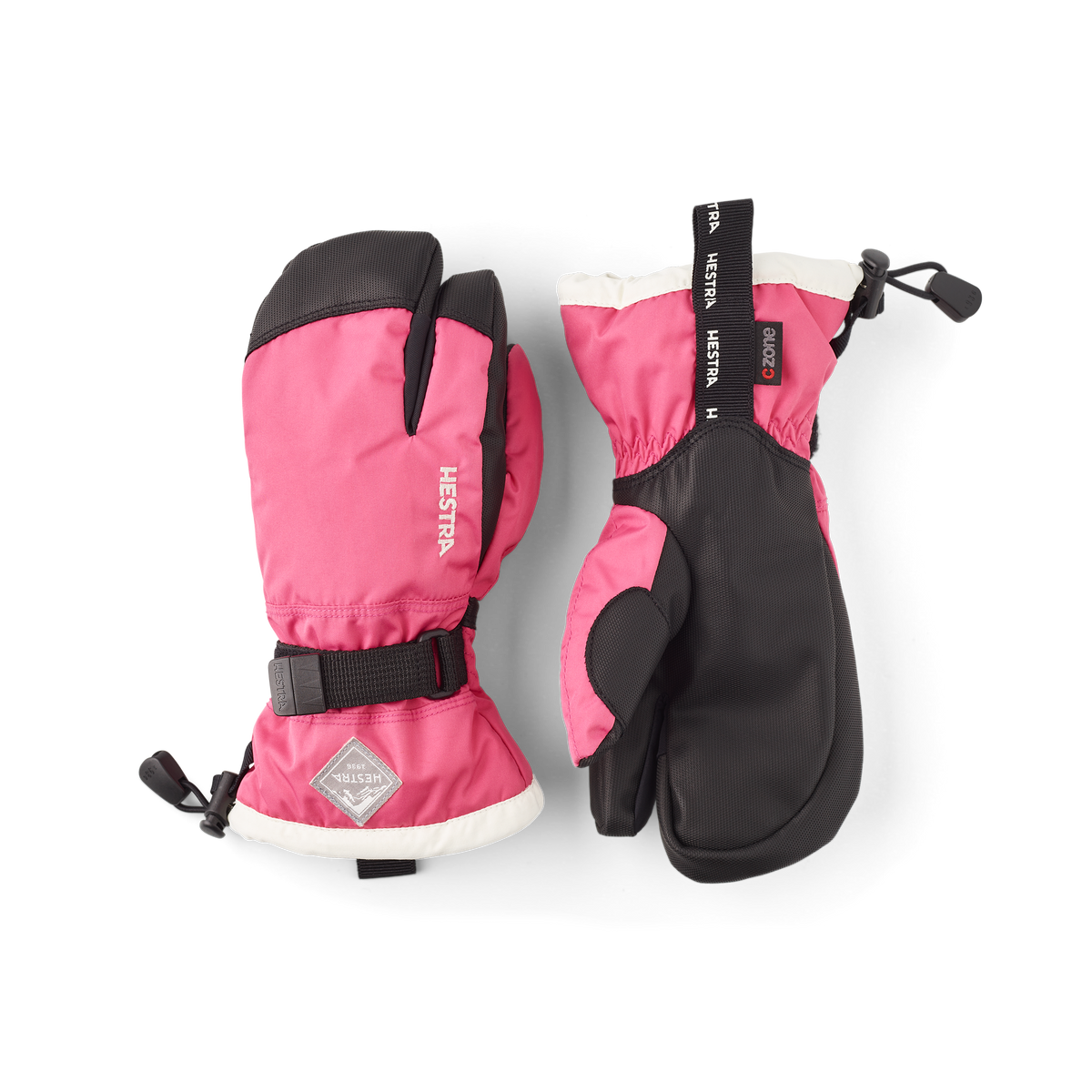Orange and pink three finger glove with black synthetic palm and wrist adjustment