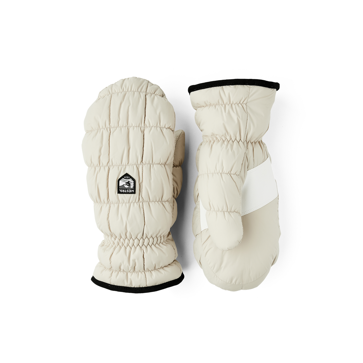 Beige fabric mitten with white synthetic suede palm