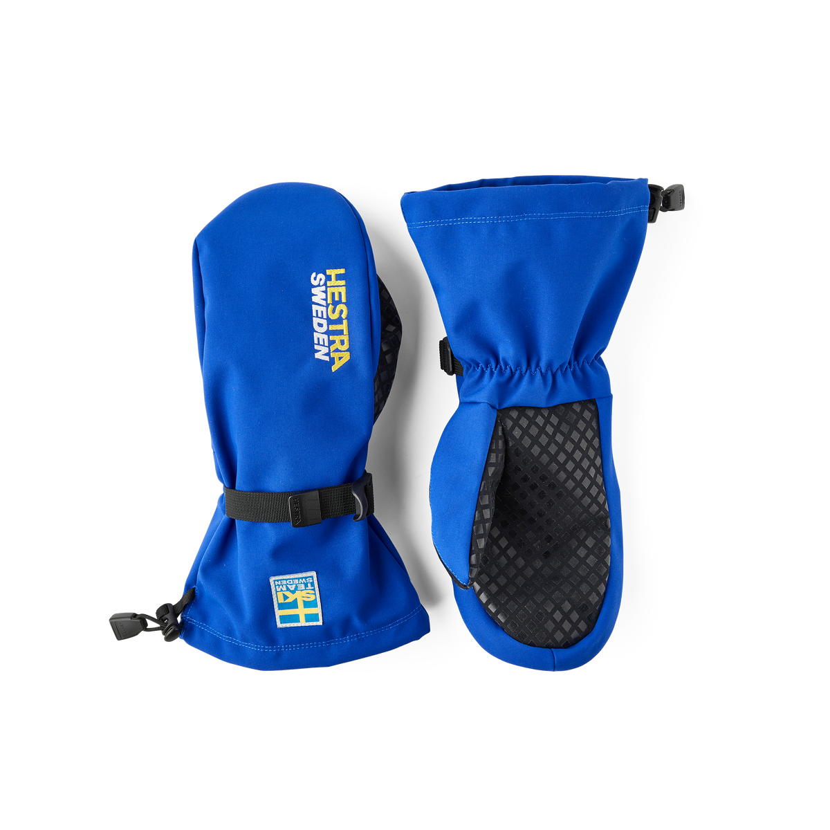 Blue shell glove with black fabric palm and wrist adjustment